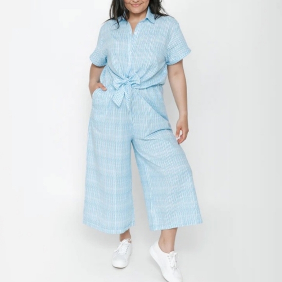 Smash + Tess Pants - Smash + Tess Fresh Jumpsuit Wide Leg Cropped Romper Blue White S